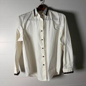 Talbots Long Sleeve Button Down Cream with Tartan Plaid Trim & Buttons Size Med